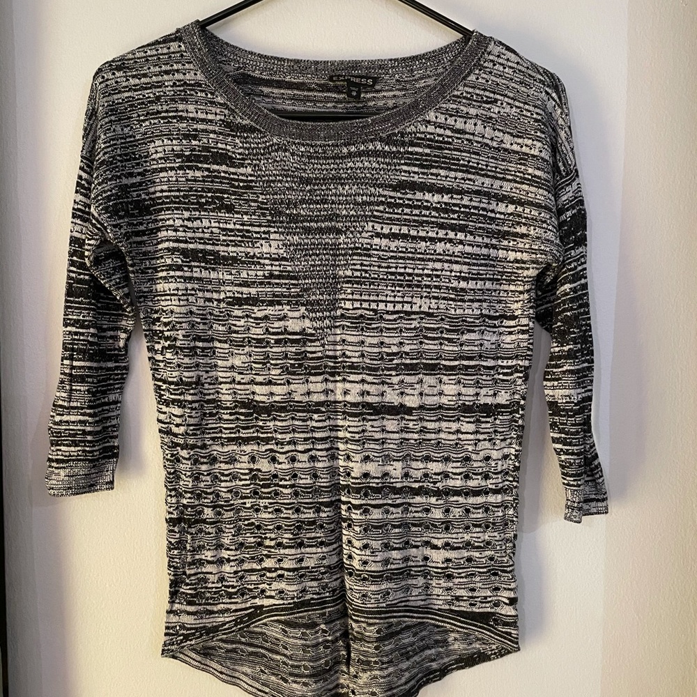NWT Express Black White Marled Open Knit Crewneck Elbow Length Sweater Size XS